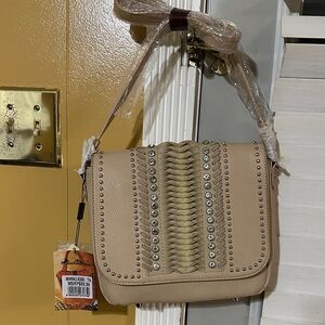 Montana West Beige Stud & Braided Flap Crossbody Bag